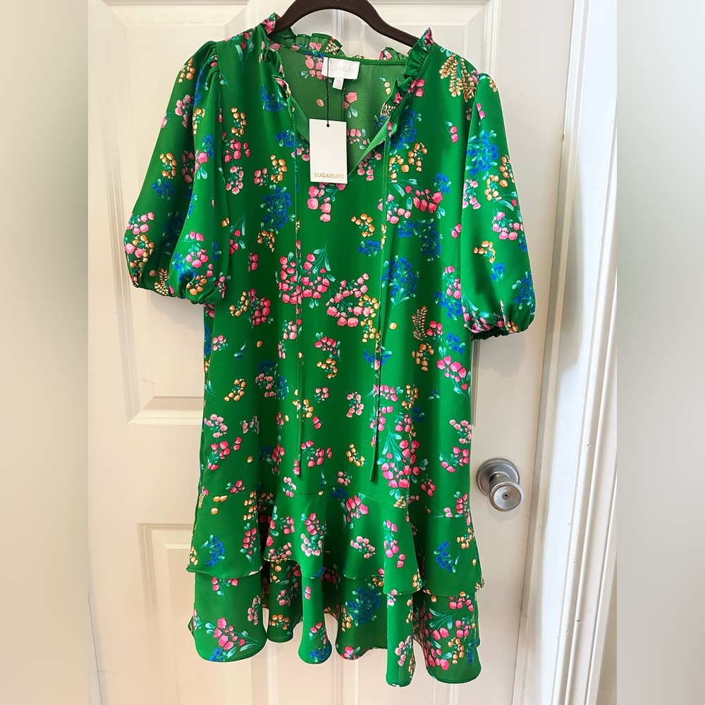 Sugarlips Green Floral Ruffle Hem Dress